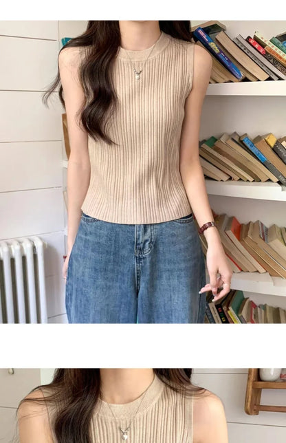 2026 Women Knitted Green Tank Tops Women Thin Tops Basic Casual Tank Tops O-neck Tees Sleeveless Tops For Women