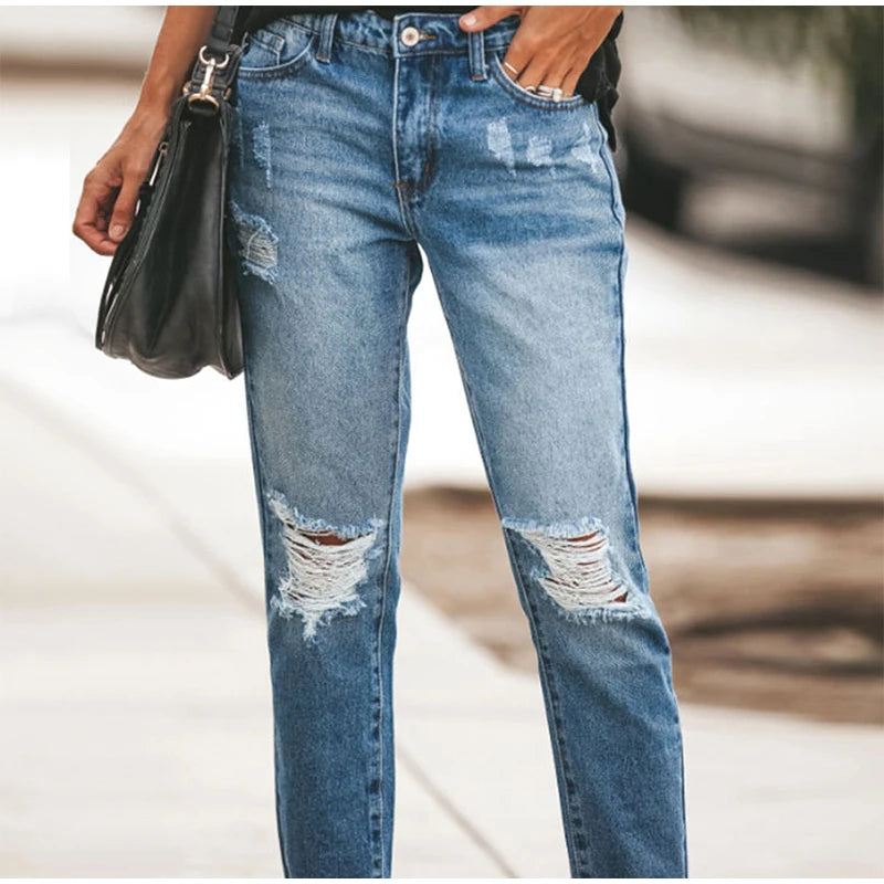 Casual Straight Jeans Women High Waisted Washed Skinny Ripped Slim Denim Pants 2025 Autumn Fashion Trend Commute Lady Trousers