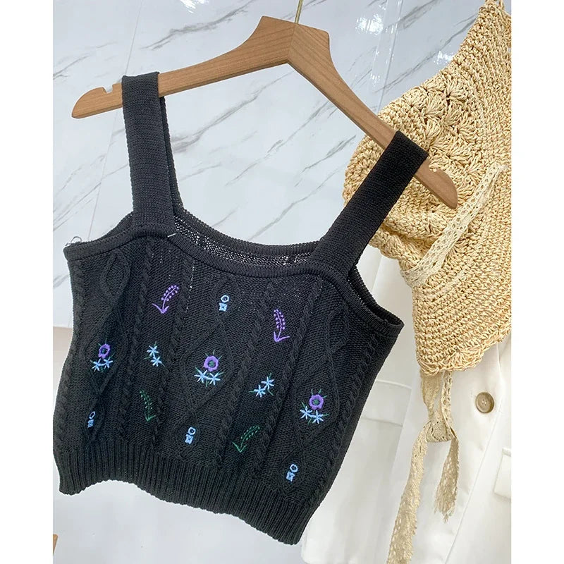 ITOOLIN Women Flower Embroidery Crop Tops Knitted Casual Tube Tops Casual Ribbed Cute Tops Women Summer Cute Crop Tops 2024