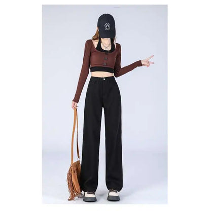 Woman Vintage Wide Leg Jeans Girls High Waist Pants Female Fashion Black Black Grey Retro Blue Light Blue Pink Denim Trousers