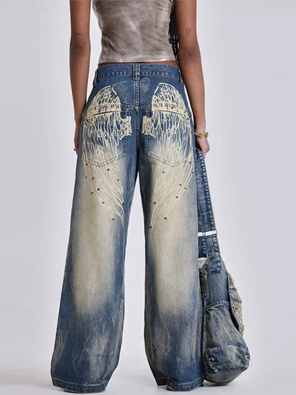 Women's Vintage Baggy Jeans High-Waisted Wide Leg Denim Pants with Back Wing Print Washed Y2K Streetwear 2025 Spring Summer Chic