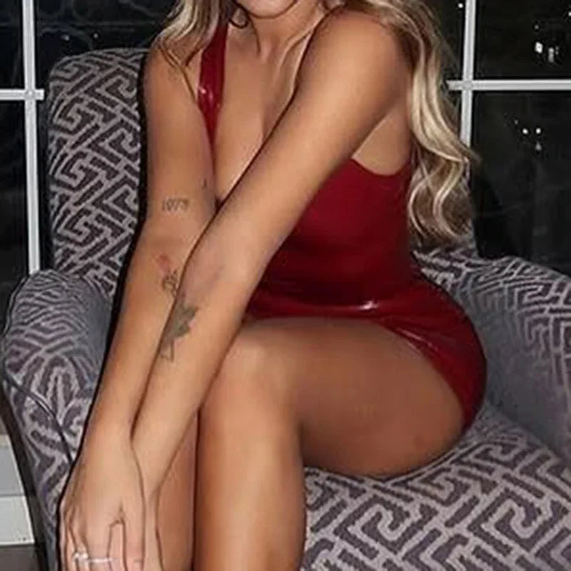 2025 Sexy Red Shiny Leather Mini Dresses Fashion Vintage Clubwear Sleeveless Clothing Bodycon HotSweet Women's Outfits