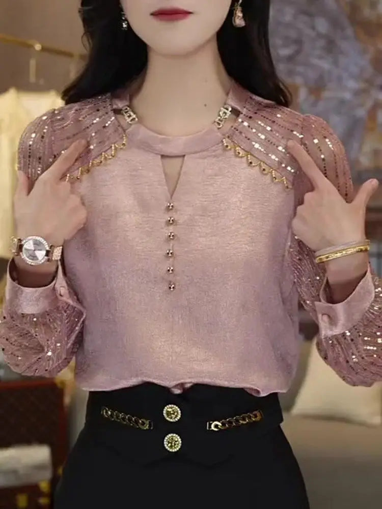 Women's High End Fashion Design with Unique and Shiny Pink Slimming and Versatile Light and Mature Top for Autumn Casual Tops