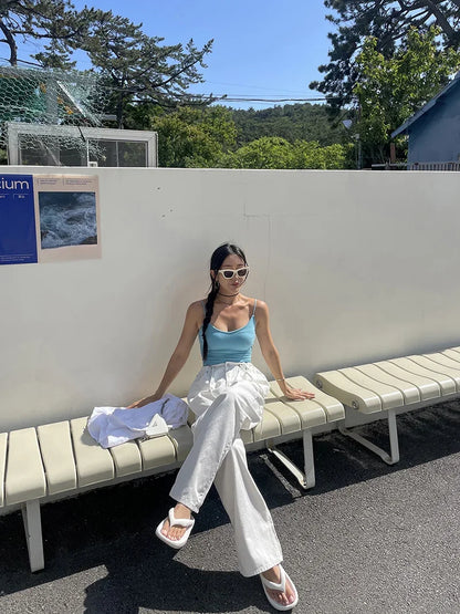 Korean Ins Retro Versatile High Waist Women's Straight Leg Jeans Summer New Fashion Loose Drawstring Design Women Wide Leg Jeans