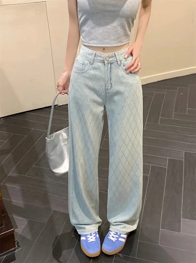Fashion Women's Jeans High Waist One Side Plaid Shape Diamonds Wide Leg Denim Pants 2025 New Classic Straight Trousers