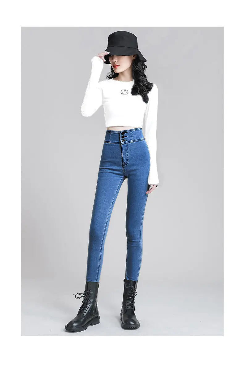 Korean Women High Waist Skinny Jeans Spring Autumn Streetwear Fashion Slim Trousers Denim Solid Button Casual Pencil Pants 2022