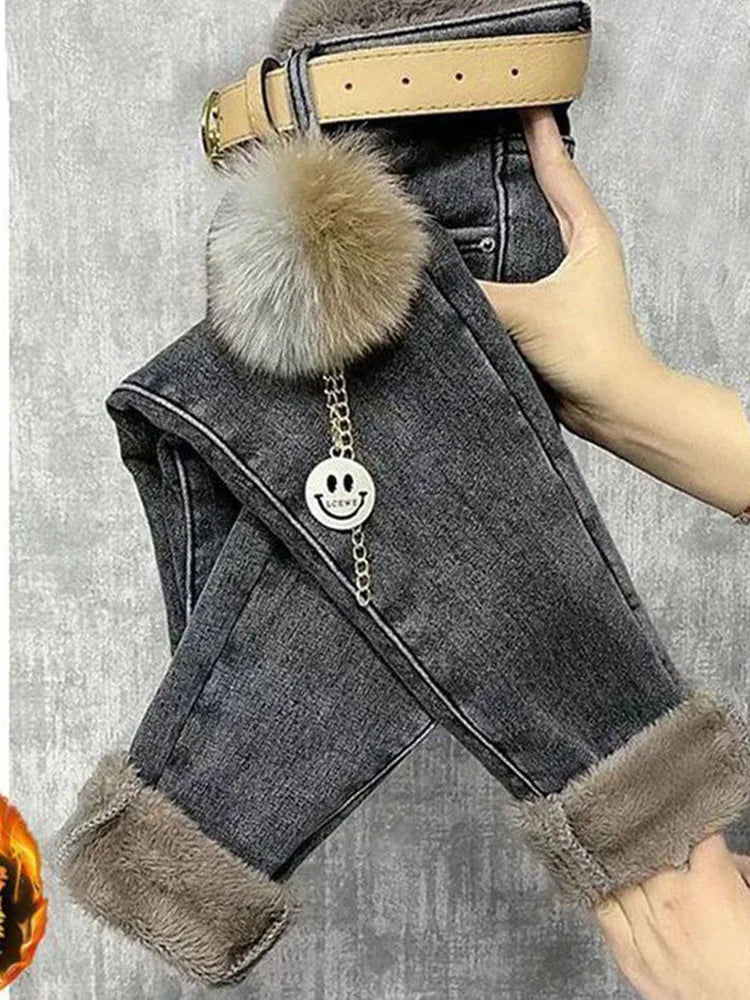 Fleece Jeans For Women Clothes Winter Warm Stretch Denim Harem Pant Loose Thickening Trousers Fall Pantalones De Mujer