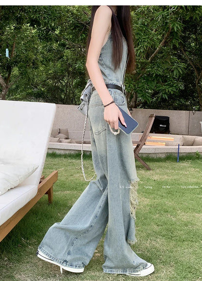 Women's Casual Denim Overalls Vintage Button Down Sexy Backless Holes Hollow Out Ripped Denim Full Pants Female 2024 New Jeans