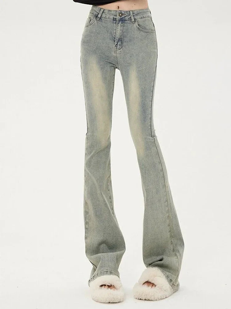 Ins Women Korean High Waist Flared Jeans Female High Street Boot Cut Pants Lady Y2k 2000s Yellow Denim Bell Bottom Trousers