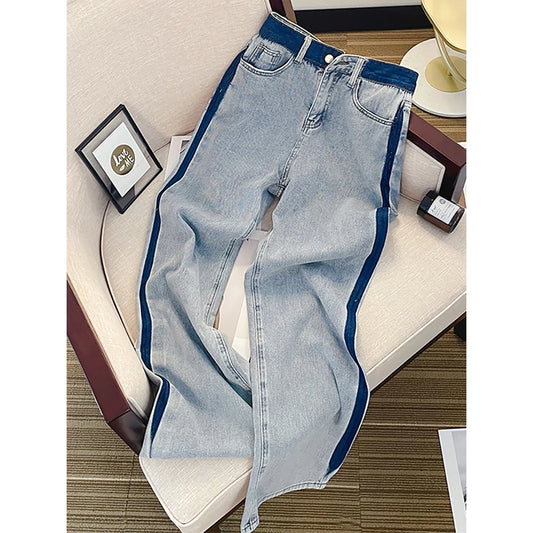 Oversize Straight Loose Jeans for Women Fashion High Waist Contrast Color Blue Denim Pants Streetwear Wide Leg Trousers