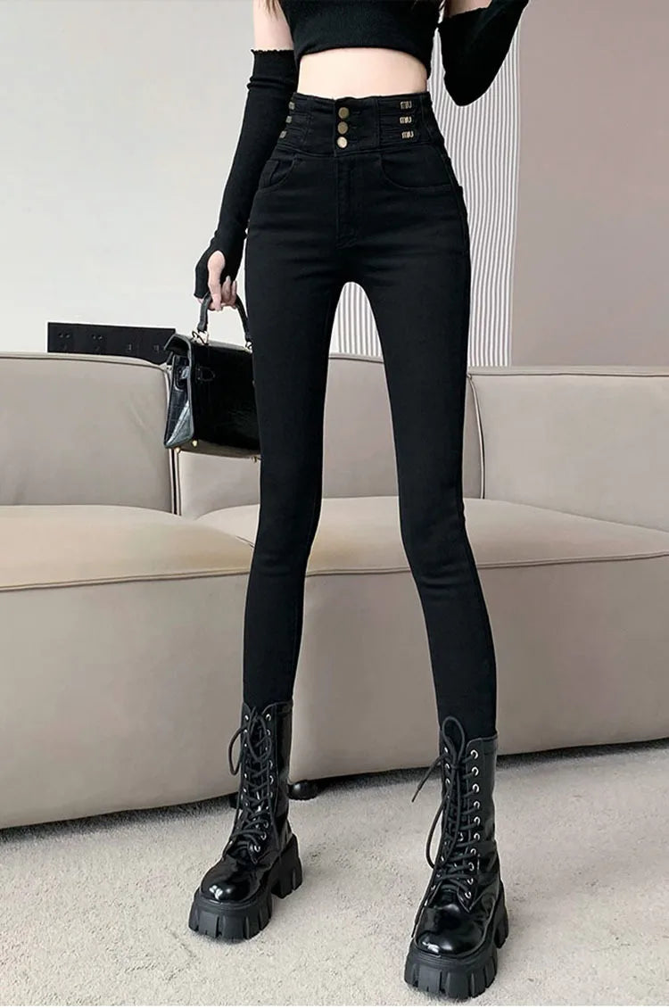 winter warm thick fleece woman's jeans with high waist jeans woman mom jeans women's jeans for women jean femme clothe black