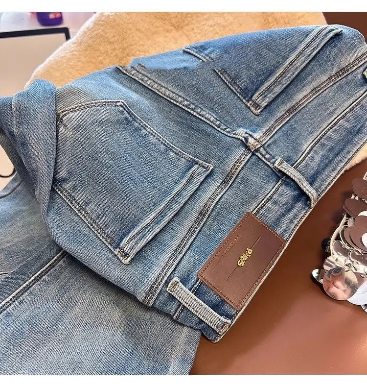 Flared Jeans for Women 25 Autumn Winter New Arrival Plus Velvet Elastic Retro Slim Sexy Petite Long Pants