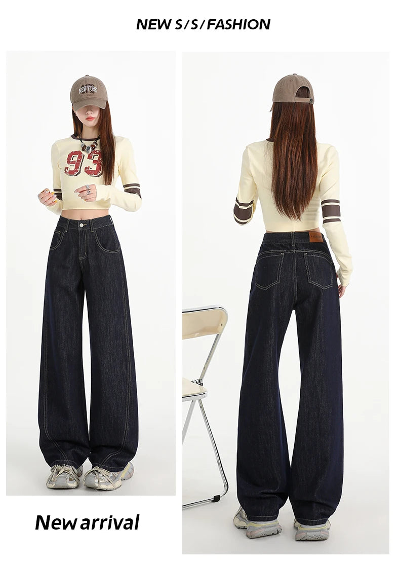 Woman Jeans High Waist Wide Leg Cotton Denim Clothing Design Sense Straight Pant Fashion Comfort White Retro Blue Casual Trouser
