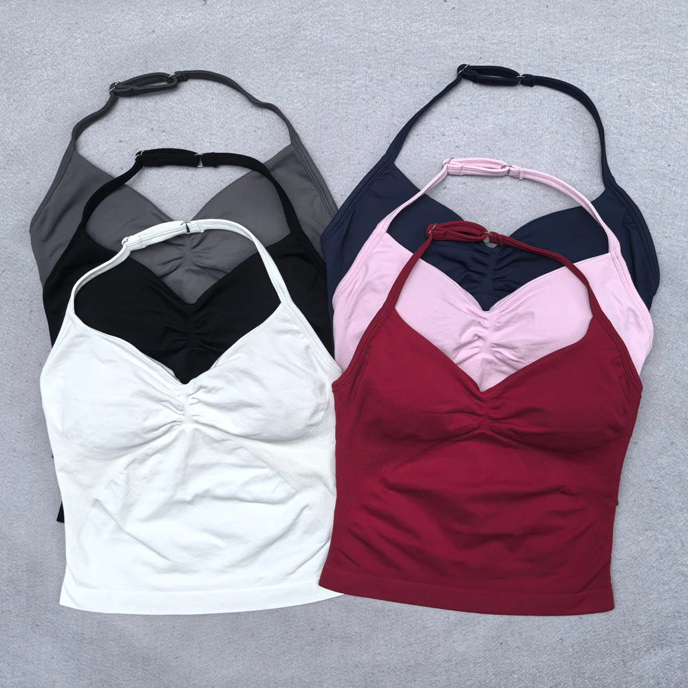 Adjustable Strappy Gym Top Backless Gym Clothes Women Scrunch Bra Removable Cups Yoga Tank Workout Outfits Tops Sports Vest