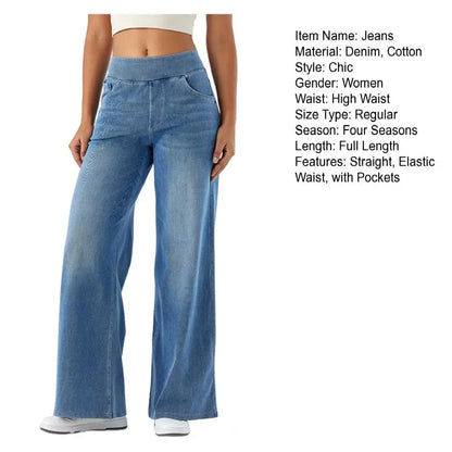 Women Jeans With Pockets Elastic High Waist Solid Color Full Length Pants Straight Wide Leg Trousers Sweatpant Daily Commuting