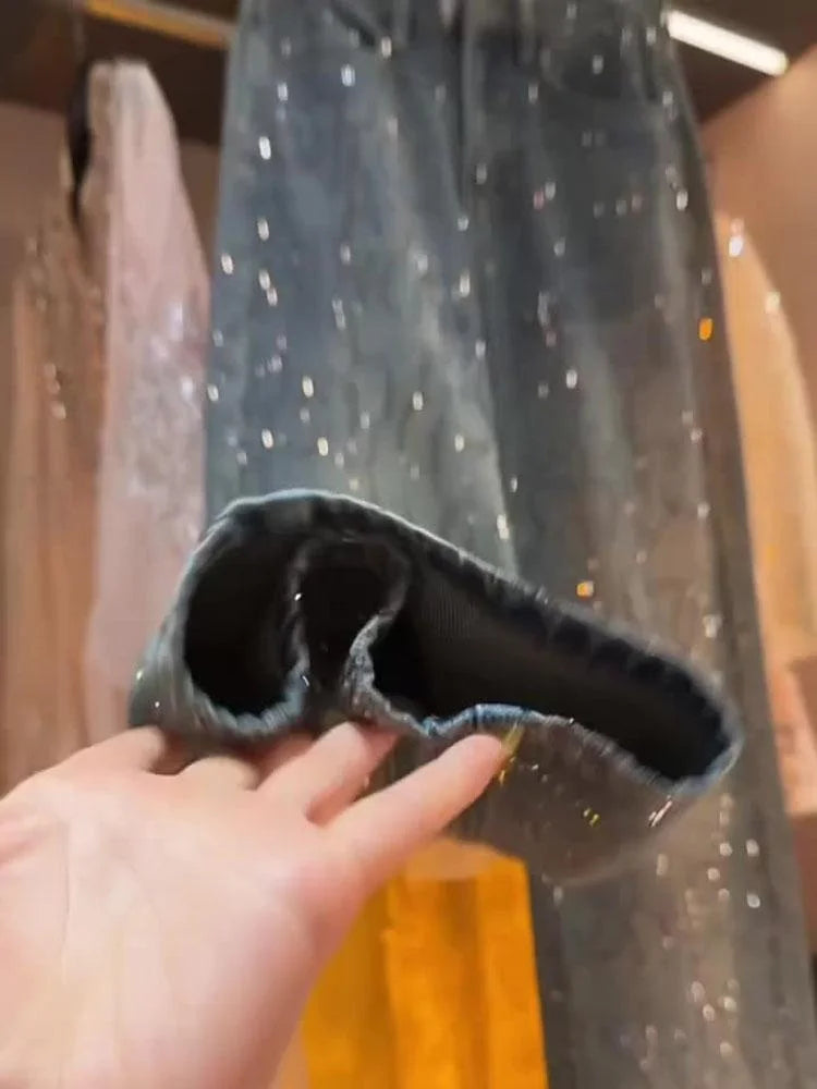 Blue Heavy Embellied Design Women's Jeans Loose Fit Straight Leg Wide Leg Pants Versatile Slimming Spring Summer New Arrival