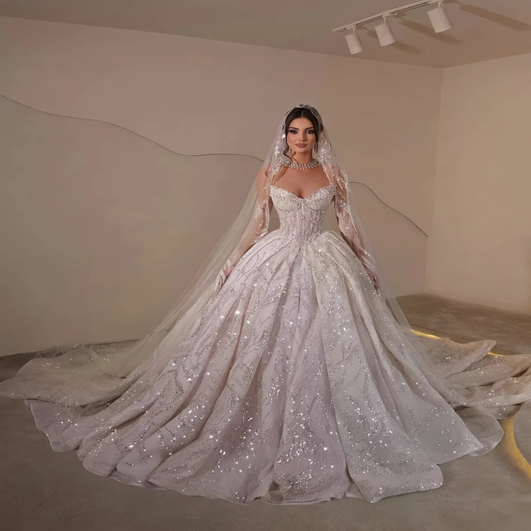 Customized Wedding Dresses Sequins Pearls Bridal Ball Gowns Strapless Sleeveless Princess Bride Dress  Vestido De Noiva