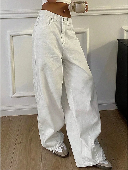 2025 New Loose Jeans Fashion Women High Waist Pocket White Solid Retro Wide Leg Denim Pants Casual Office Lady Commute Trousers