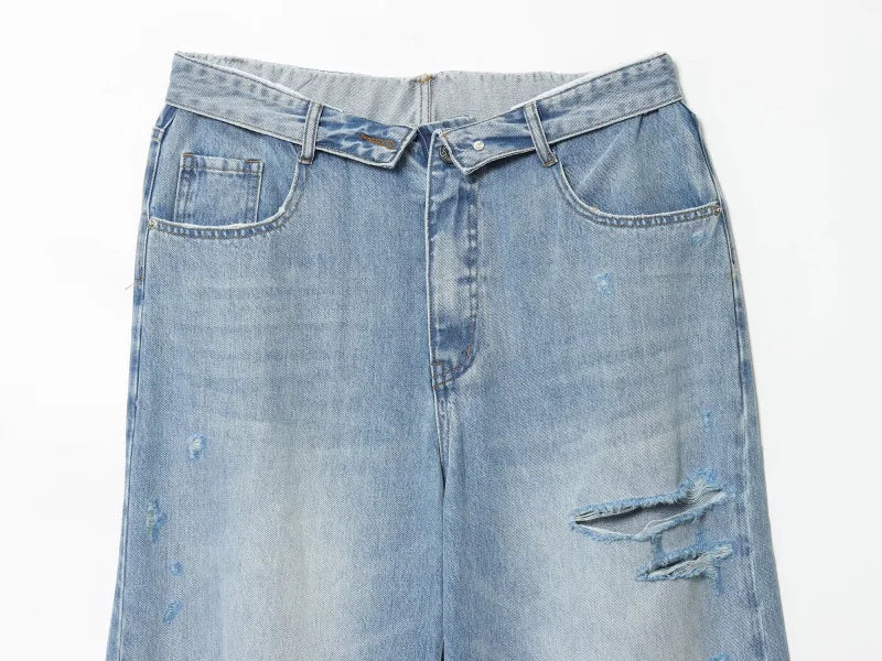 ETJ 2025 women's new street fashion fold waist mid waist washed ripped jeans loose version of the floor-length pants