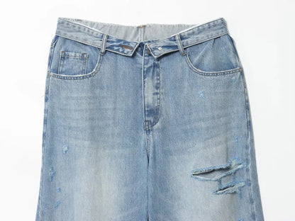 ETJ 2025 women's new street fashion fold waist mid waist washed ripped jeans loose version of the floor-length pants