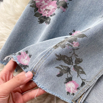 Flowers Print Jeans Women Vintage High Waist Denim Long Pants 2025 Fashion Autumn Casual Wide Leg Full Length Denim Trousers