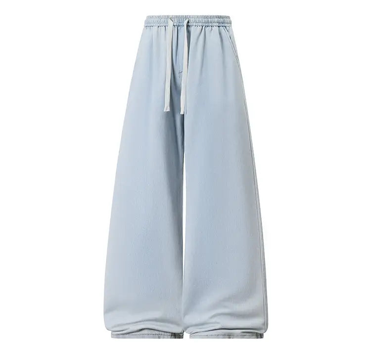 2025 New Elastic Waist Drawstring Solid Color Loose Fit Wide Leg Jeans Wide Leg Trendy High Waist Denim Pants for Men Women 3XL