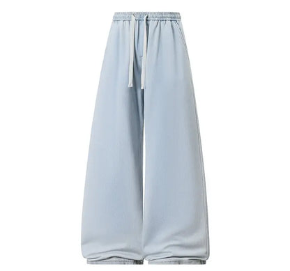 2025 New Elastic Waist Drawstring Solid Color Loose Fit Wide Leg Jeans Wide Leg Trendy High Waist Denim Pants for Men Women 3XL