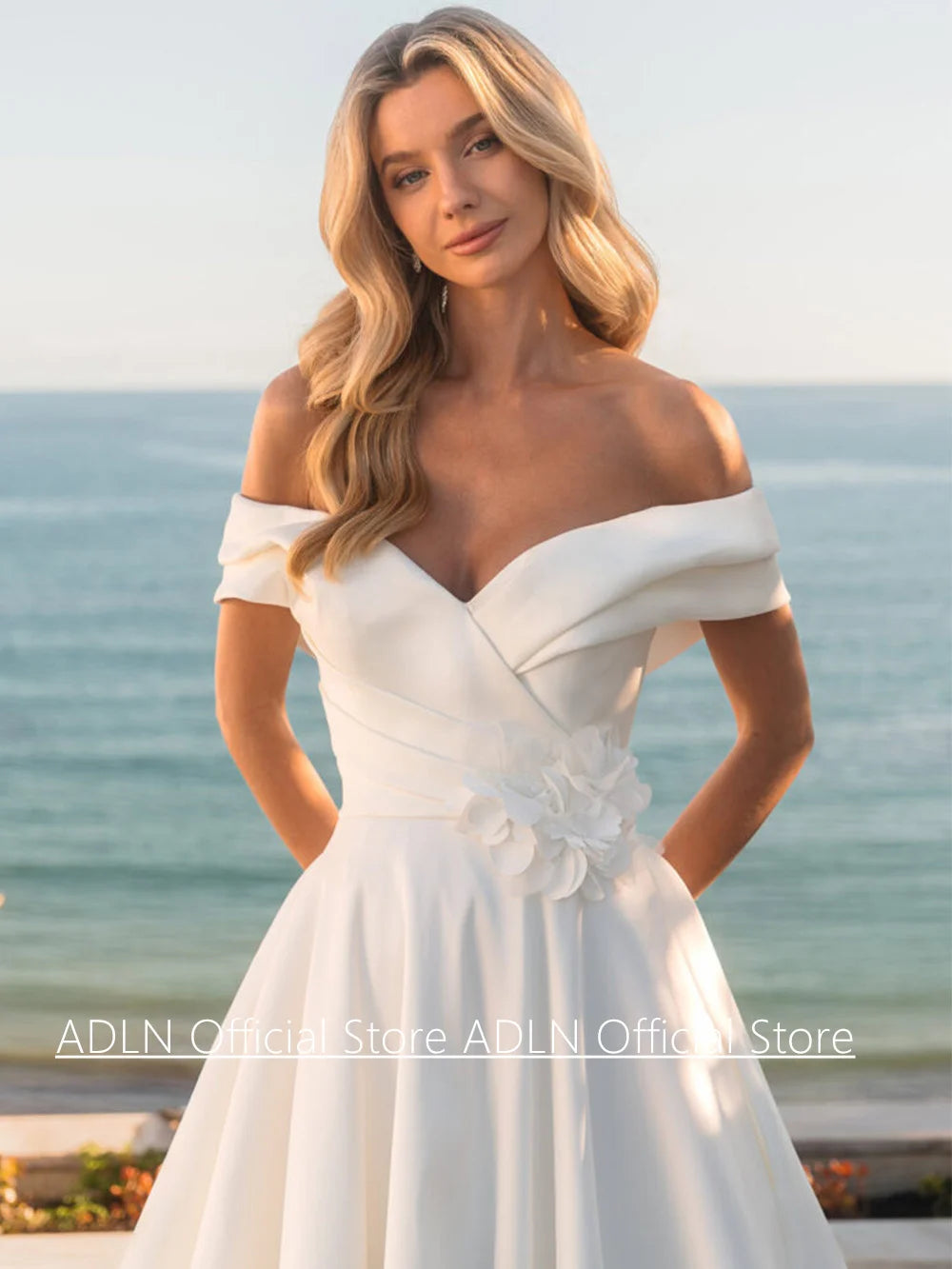 Modern Wedding Dress New Arrival Customized Off The Shoulder V Neck Flowers A Line Sweep Train Bridal Gown Back Buttons