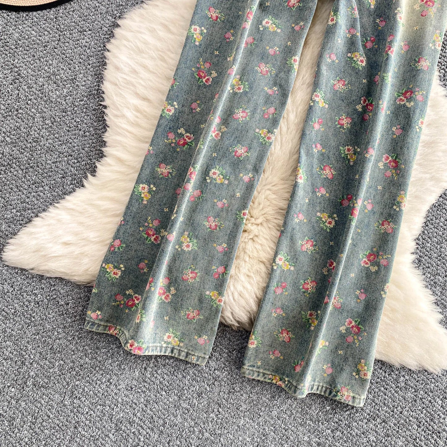Women's Fashion Floral Print Denim Pants Colorful Flower Wide Leg Trousers Female Spring Autumn Versatile High Waist Blue Jeans
