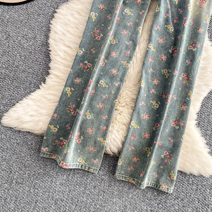 Women's Fashion Floral Print Denim Pants Colorful Flower Wide Leg Trousers Female Spring Autumn Versatile High Waist Blue Jeans