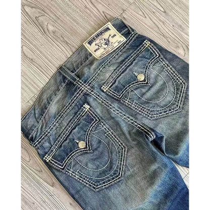 Buddha Jeans Vintage Y2K Men's Jeans Women's Pocket Embroidered Jeans Patch Leather Vintage Blue Jeans Loose Fit Jeans pants