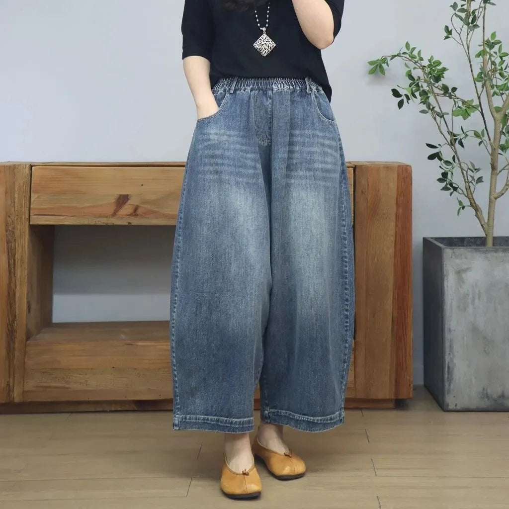 Women's Elastic Waist Jeans Drawstring Big Pocket Wide Leg Solid Color Simple Basic Harem Trouser Female Autumn Denim Pants