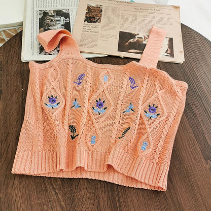 HELIAR Women Flower Embroidery Knitted Crop Tops Women Casual Tube Tops Casual Ribbed Cute Tops Crop Tops Women 2024 Summer