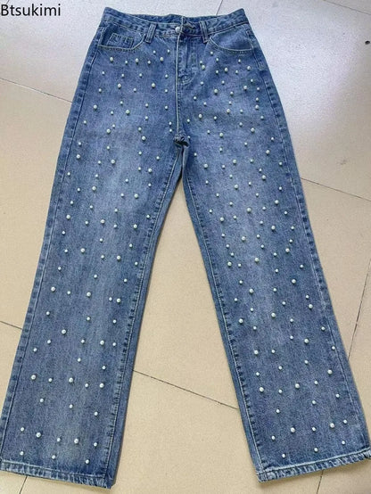 New 2026 Women's Jeans Pants Beading High Waist Casual Straight Pants for Women Streetwear Elegant Splice Denim Female Trousers
