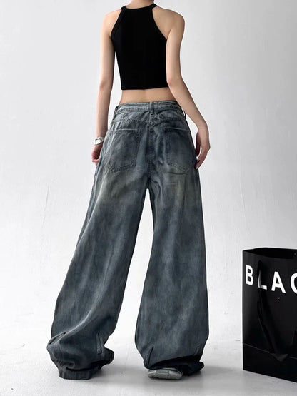 Women Tie Dye Ripped Jeans Woman Abandoned Soil Style Wide Leg Pants Summer Loose Workwear Denim Retro Vintage Trousers