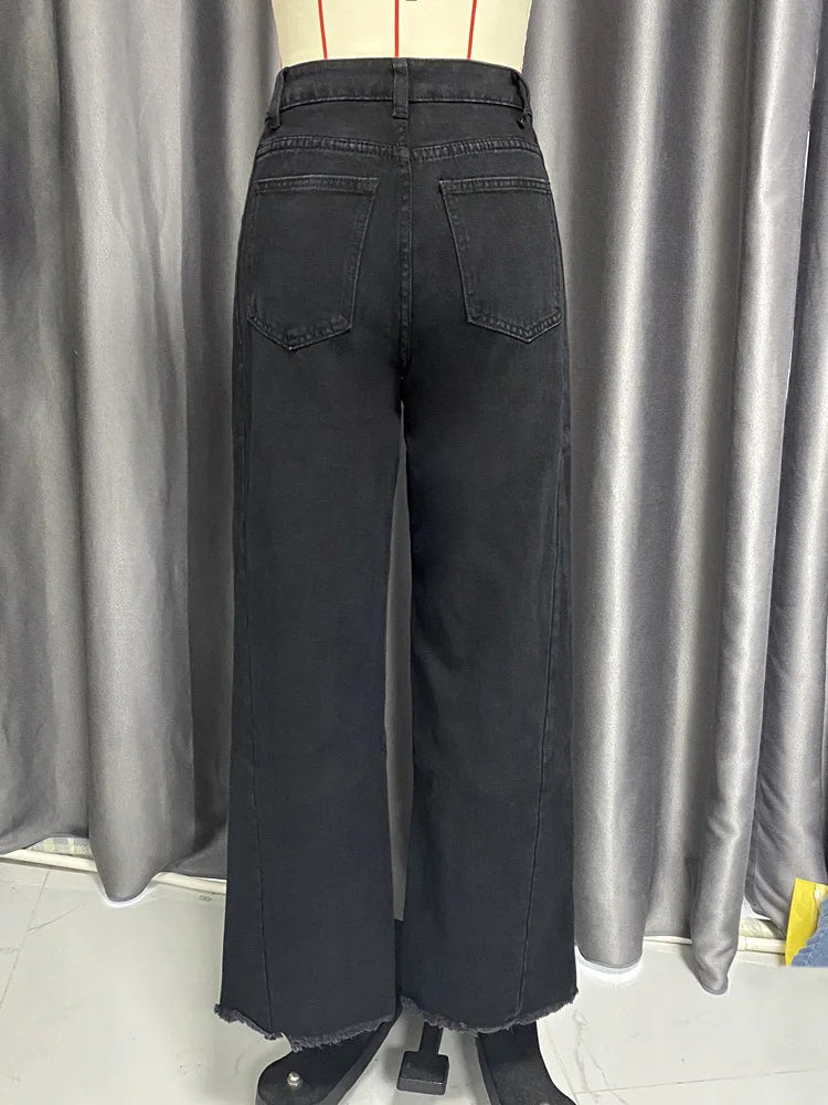 High-waisted Straight-leg Furred Jeans, Women's New Fashion High-waisted Wide-leg Pants Jeans,spring and Autumn for Women Y2k