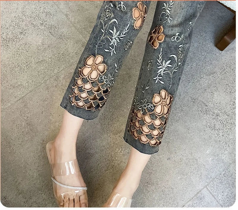 2025 Summer New Fashion Hollow Embroidered Jeans For Women Heavy Industry High Waist Slim Ankle-Length Pants Ladies Denim Pants