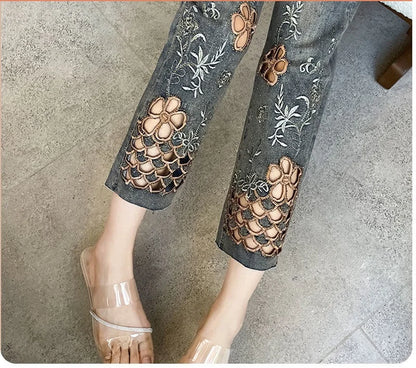 2025 Summer New Fashion Hollow Embroidered Jeans For Women Heavy Industry High Waist Slim Ankle-Length Pants Ladies Denim Pants