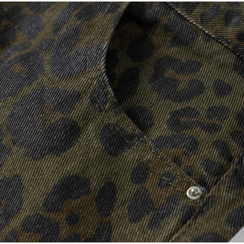 High-Waisted Leopard Print Denim Jeans for Women Retro Slim Straight Leg Trousers Vintage Y2k Hip Hop Streetwear Lady Fashion