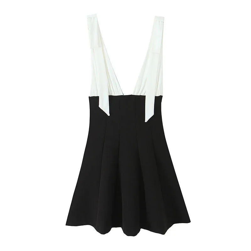 HH Women's New Fashion Mini Dress White Black V-Neck Backless Zipper Decorate Female Summer Sexy Chic Sleeveless Dresses