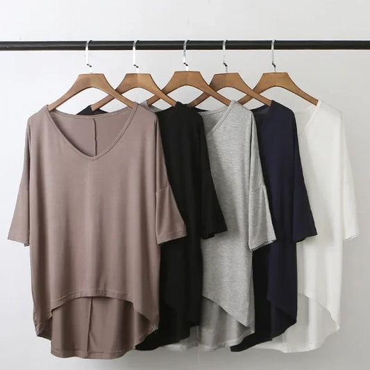 Fashion Tops Tees 2025 Summer T-shirt Women Half-Sleeve Solid Loose Shirt V-neck Oversize Basic Top Shirts for Women Casual