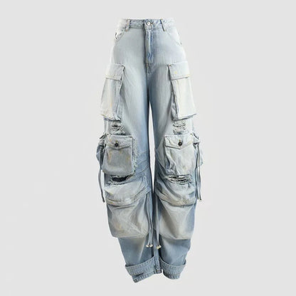 Women's jeans 2025 Winter new low waisted slim fit pure cotton wide leg pants Retro ripped cargo pants Multi pocket denim pants