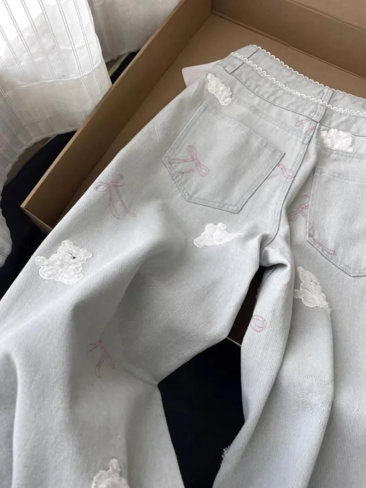 Vintage Women Jeans Streetwear Bear Embroidery Y2k Wide Leg Pants Pantalon Femme High Waist Straight Casual Chic Denim Trousers
