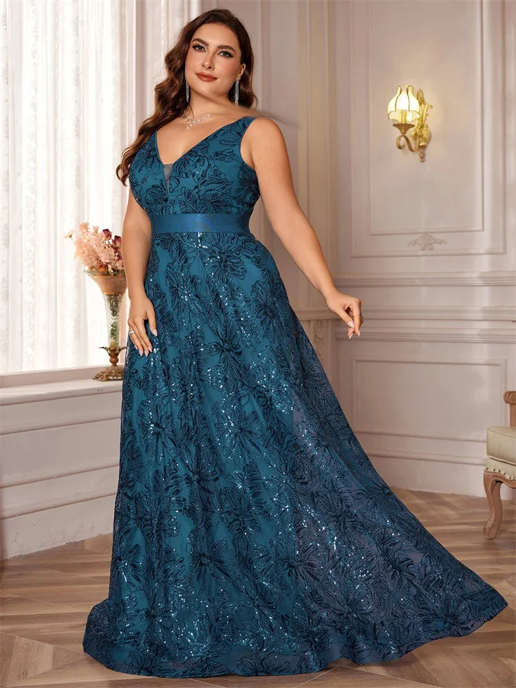 Plus Size Luxury Deep V-Neck Sequins Blue Evening Dress Women Elegant V-back Wedding Party Long Prom Cocktail Dresses