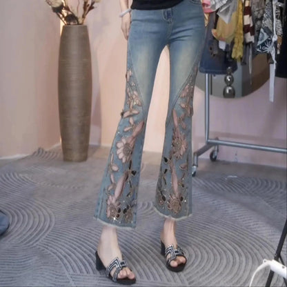 2025 Summer New Fashion Hollow Embroidered Jeans For Women Heavy Industry High Waist Slim Ankle-Length Pants Ladies Denim Pants