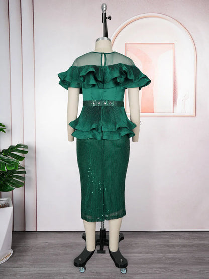 2026 New Plus Size European African Evening Dress Turkish Sequin Ruffle Long Dress Women Elegant Wedding Party Gown