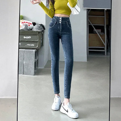 New Women's High Waist Stretch Jeans Blue Black Gray Fashionable and Versatile Multi-button Popular Slim Denim Long Pants Female