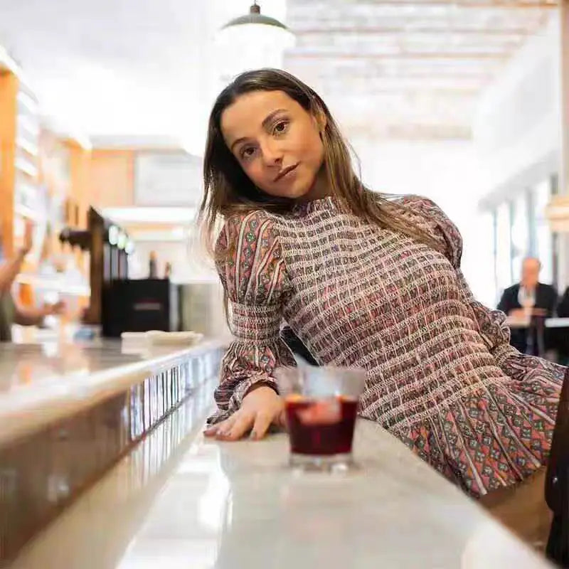 Women's Tops Vintage Plaids Elastic Pleated T Shirt Casual O Neck Long Sleeves Ruffles Hem Top Spring Chic Lady High Street Wear