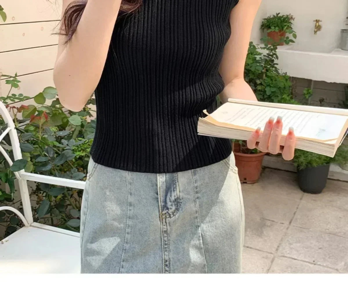 Sleeveless Blouse Shirt Women O-neck Rib Knit Vest Tank Plain Vest Tops Summer Female Basic Casual Tops Outfit