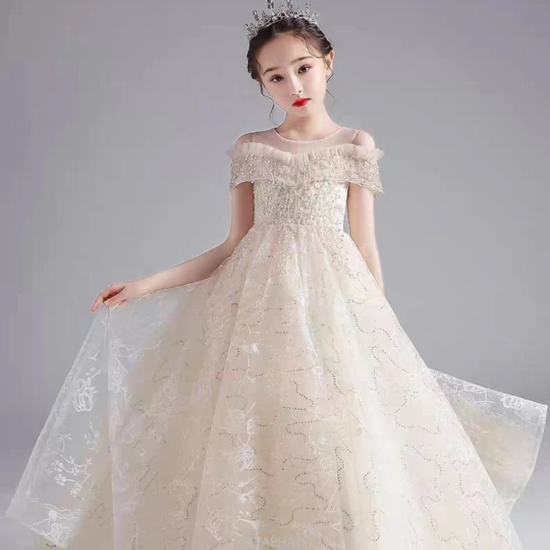 Long Dress 2025 Flower Girl Wedding Dresses Children GirlsGown Costume Kids Host Piano Outfits Birthday Party Vestido Princess